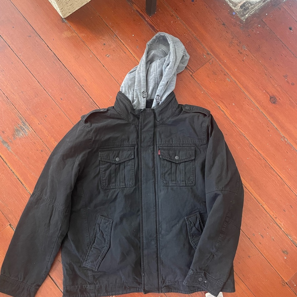 Levi's Black Military Jacket with Gray Hood